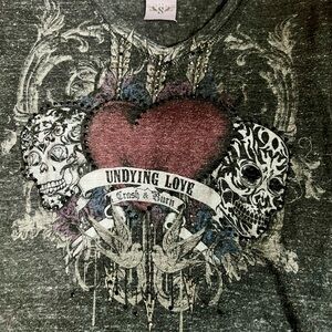 Crash & Burn Gray Tee with Red Heart Design